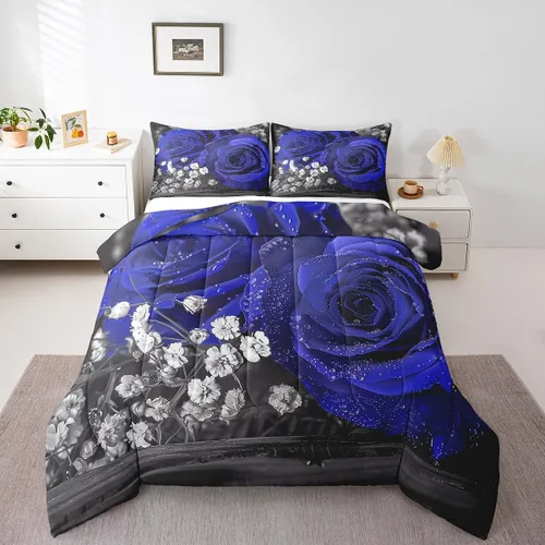 Vista 15 de Juego de edredón de rosas rojas, tamaño individual, juego de ropa de cama floral rojo degradado negro para niñas, mujeres, niños, adolescentes