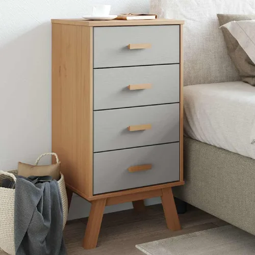Vista 2 de Scandinavian Bedside Cabinet Grey Brown Nightstand, 4-Drawer Solid Pine Wood Storage for Bedroom, Sleek Rectangular Design with Wall Attachment