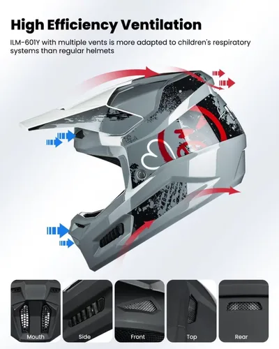 Vista 4 de ILM Cascos de Motocross Juveniles para Niños Casco ATV Motocross BMX Fuera de Carretera Motocicleta con Gafas, Guantes y Máscara DOT Modelo MT601Y