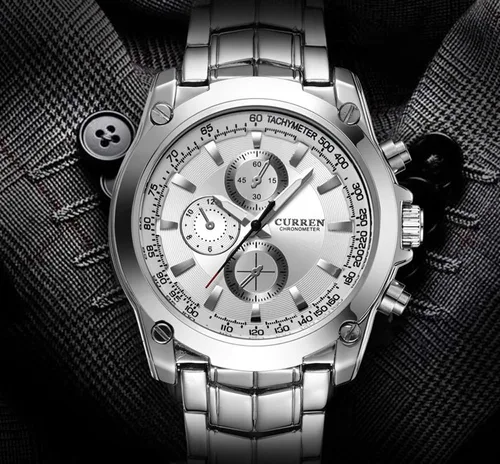 Vista 3 de CURREN Reloj deportivo original de acero inoxidable impermeable para hombre 8025 plateado y blanco, Moderno