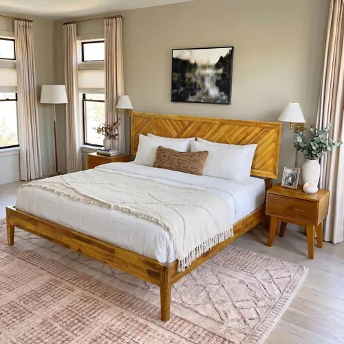 Vista 3 de Acacia Sierra Marco de cama con cabecero de madera maciza, base de cama Queen, cabecera alta de madera compatible con todo tipo de colchones,