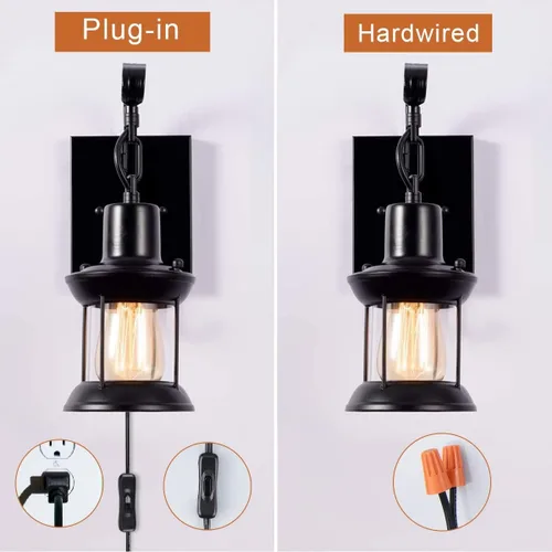 Vista 3 de GLADFRESIT Lámparas de pared rústicas, aplique de pared tipo farol enchufable, apliques de pared antiguos negros, luminarias de iluminación de pared