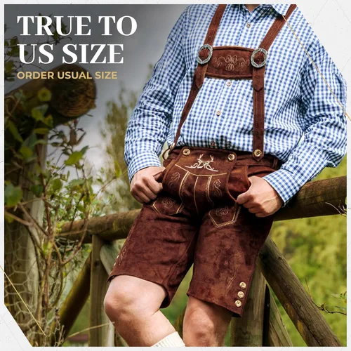 Vista 5 de BAVARIA TRACHTEN Lederhosen - Lederhosen alemán auténtico para hombre, traje de Oktoberfest, color marrón oscuro