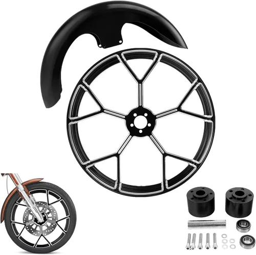 Vista 83 de TCMT Llanta de rueda delantera de 21", buje de rueda de brida de doble disco con guardabarros delantero negro sin pintar, compatible con modelos