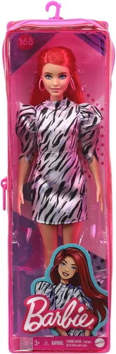 Vista 6 de Barbie Fashionistas Doll #168 con busto más pequeño y pelo largo rojo, vestido a rayas de cebra y accesorios que incluyen aretes de aro grandes