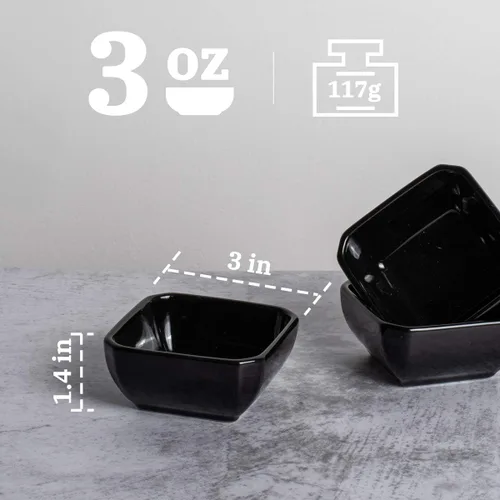 Vista 3 de DELLING Juego de cuencos de cerámica ultra fuertes de 3 onzas, cuencos de salsa de inmersión negros/platos para salsa de tomate, soja, barbacoa