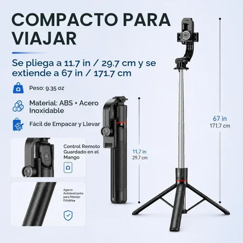 Vista 8 de Trípode desmontable para teléfono de 67 pulgadas, palo para selfie, portátil, extensible, cámara estable, fácil de selfie, con control remoto