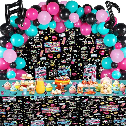 Vista 6 de 2 manteles grandes de fiesta de hip hop de los años 90 para adultos, decoración de eventos y cumpleaños de los años 90 (8751 pulgadas)