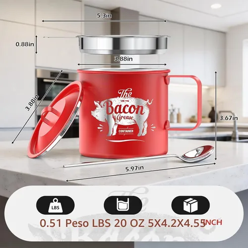 Vista 2 de PGYARD Mini protector de grasa de tocino con colador, recipiente de aceite de acero inoxidable de 20 onzas, protector de grasa de tocino de granja