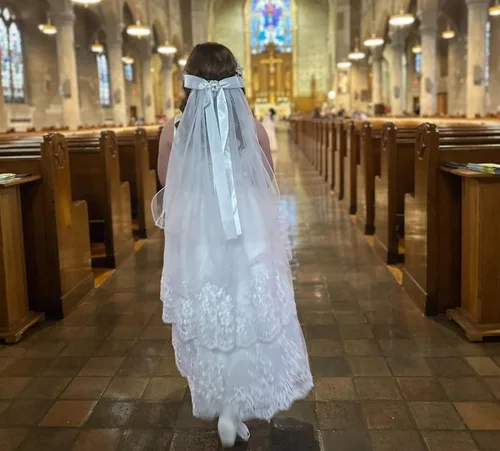 Vista 5 de DDazzling Corona de flores niñas primera comunión blanco floral guirnalda velo de encaje