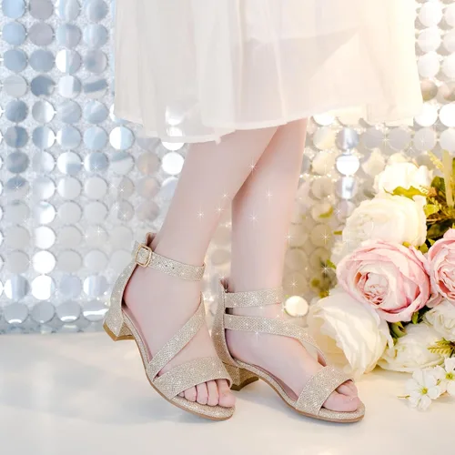Vista 2 de Sandalias para niñas, tacones para niños, puntera abierta, correa al tobillo, zapatos de vestir, flores para boda, fiesta para niños pequeños