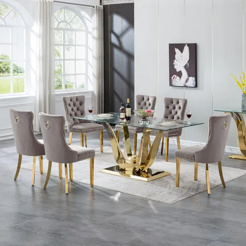 Vista 13 de Juego de mesa de comedor de cristal dorado de 5 piezas, 70 pulgadas, rectangular, moderna, para cocina y comedor, mesa de comedor para 4, mesa