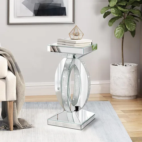 Vista 9 de Mesa auxiliar plateada con incrustaciones de cristal, mesa auxiliar moderna, mesa auxiliar cuadrada pequeña para sala de estar, dormitorio