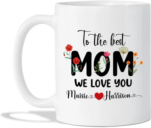 Vista 25 de Taza de café con nombre personalizado "Best Mom Ever", regalos para cumpleaños, regalos de niños, taza de café floral personalizada, regalo