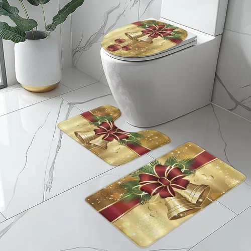 Vista 2 de FOR U DESIGNS Juego de tapetes de baño con moqueta, contorno y tapa, campana de lazo de Navidad, tapete decorativo suave para el hogar, dorado