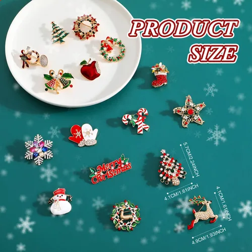 Vista 2 de 16 Pcs Christmas Brooches for Women Christmas Brooches and Pins Xmas Rhinestone Crystal Set Vintage Snowman Star Garland Reindeer Bells Tree Mixed
