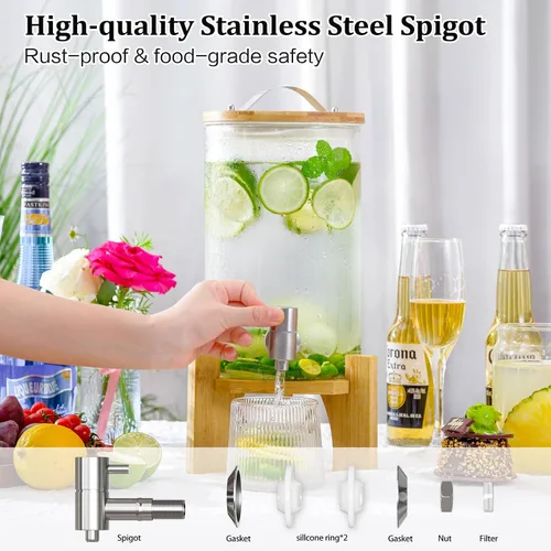 Vista 5 de Dispensador de bebidas de vidrio grande de 1.2 galones para fiestas, dispensador de bebidas con soporte de madera de bambú y grifo de acero