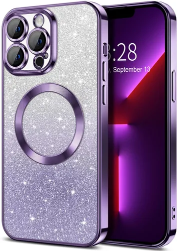 Vista 121 de Hython Funda para iPhone 13 Pro transparente con purpurina magnética [compatible con MagSafe] Protector completo de lente de cámara delgado