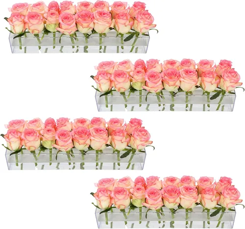 Vista 8 de Paquete de 2 jarrones rectangulares de acrílico transparente, 15.7 pulgadas de largo, centro de mesa floral con agujeros para mesa de comedor