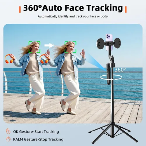 Vista 3 de Trípode para selfie con seguimiento automático de cara para iPhone con luz de rotación de 360° que sigue tu movimiento, trípode para cámara de 70.9