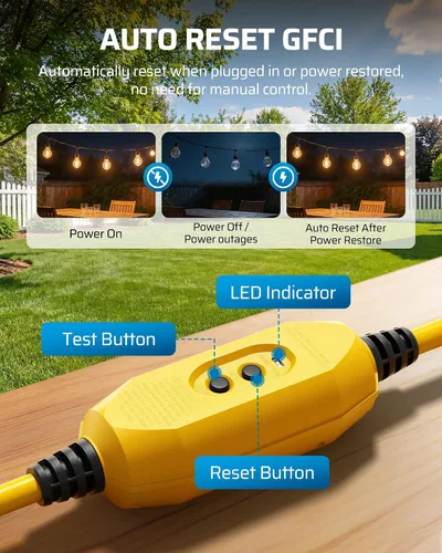 Vista 4 de DEWENWILS Cable de extensión GFCI de reinicio automático de 6 pies con Amarillo