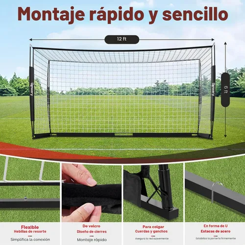 Vista 2 de 12x6 FT Soccer Goal, Portable Backyard Net with Carry Bag & Cones