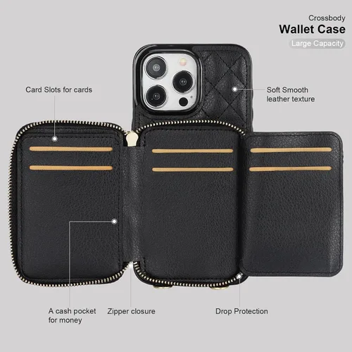Vista 7 de Bocasal Funda tipo cartera cruzada para iPhone 15 Pro Max, con bloqueo RFID, de piel sintética, con cremallera, funda tipo cartera con función atril