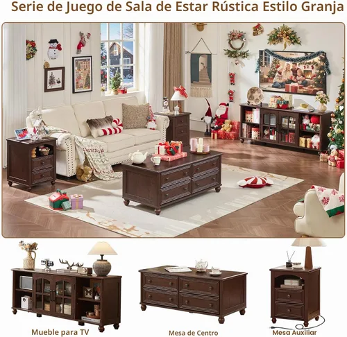 Vista 3 de RWYHG - Mesa de centro de granja de 48 pulgadas con almacenamiento oculto, mesas de café de madera con 4 cajones y manija de columna romana, mesa