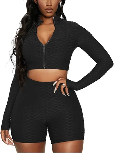 Vista 3 de Conjunto deportivo de 2 piezas para mujer, camiseta corta deportiva de manga larga y cintura alta para yoga