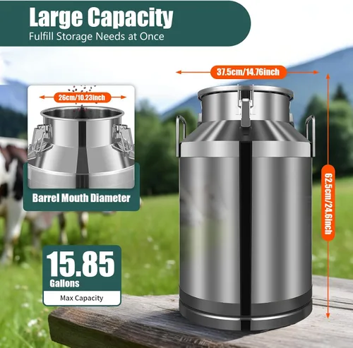 Vista 3 de Lata de leche de 15.85 galones/60 litros – Jarra de leche de acero inoxidable 201, mango grueso con tapa sellada, cubo de leche resistente para vino