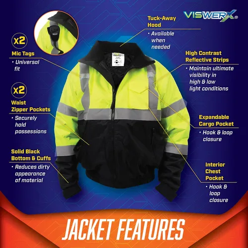 Vista 5 de Chaqueta Hi-Vis Deluxe para clima frío - ANSI CL2 - Chaqueta reflectante de seguridad para áreas de trabajo, construcción y alto tráfico