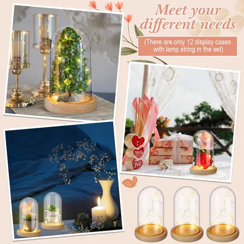 Vista 6 de Roowest 12 piezas de cúpula de plástico Cloche con base de madera rústica y luz LED cúpula de plástico para decoración de mesa de boda rosa centro