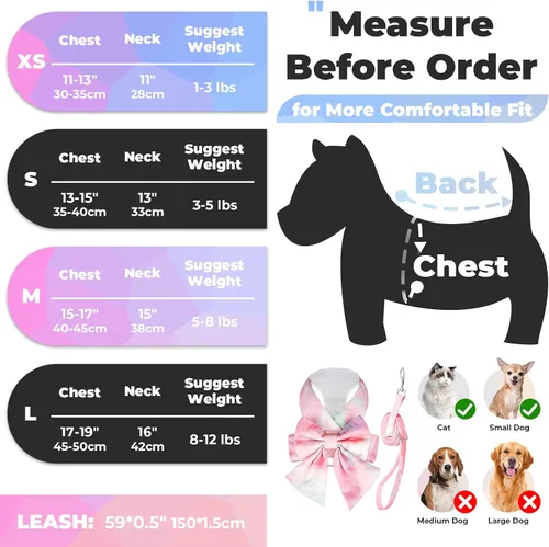 Vista 2 de PETCARE Lindo Juego de Arnés y Correa con Moño para Perro y Gato Elegante Arnés de Gradiente Arcoíris para Cachorros sin Tirones Arnés Suave de Rosa