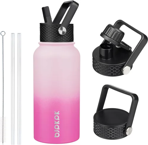 Vista 12 de BJPKPK Botellas de Agua Aisladas con Tapa de Pajita, Botella de Agua de Acero Inoxidable de 18oz, Termo Frío Caliente con 3 Tapas, Vaso de Viaje a