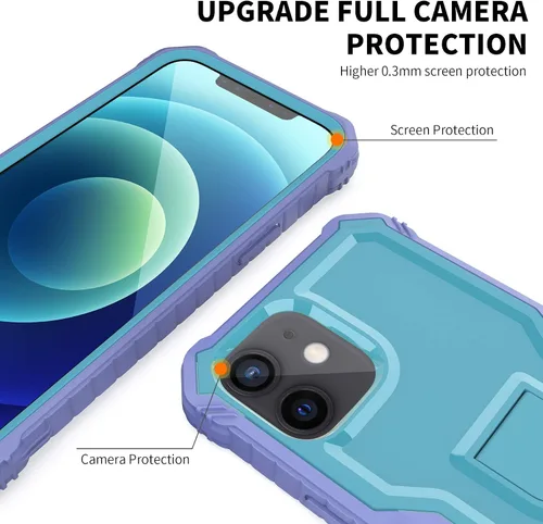 Vista 3 de Funda para Apple iPhone 12, protección de grado militar, a prueba de golpes, con protector de pantalla HD de vidrio templado y soporte compatible