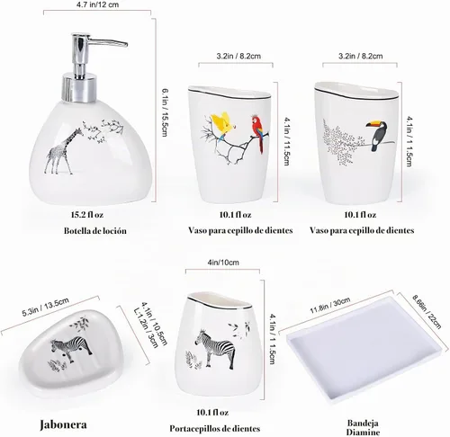 Vista 3 de Juego de accesorios de baño blancos, decoración moderna de baño de encimera, juego de accesorios de baño de lujo de 6 piezas, completo con Animal