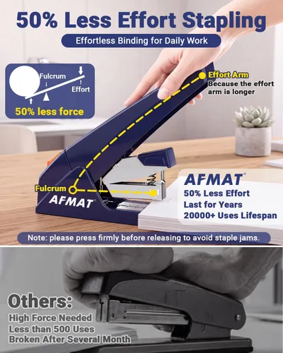 Vista 2 de AFMAT Engrapadora resistente ES18 - 100 hojas, 50% menos esfuerzo, más de Azul