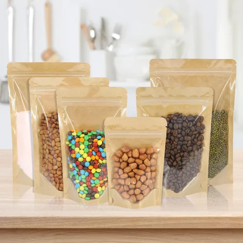 Vista 6 de 100 bolsas de papel kraft de pie con ventana transparente resellable para almacenamiento de alimentos (balsa, 7.09 x 10.24 pulgadas)