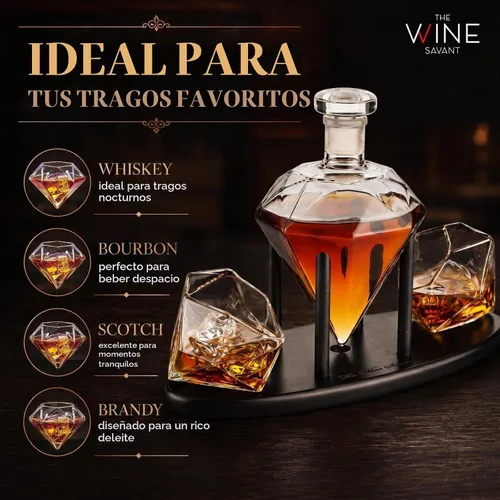 Vista 6 de The Wine Savant - Decantador de whisky en forma de diamante, con 2 copas en forma de diamante, para licor, escocés, ron, bourbon, vodka, tequila