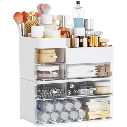 Vista 9 de Organizadores de maquillaje rosa para tocador con 3 cajones, organizadores grandes para el cuidado de la piel para encimera, escritorio, aparador