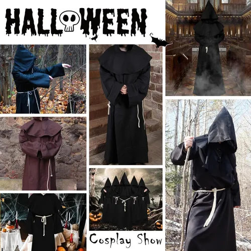 Vista 6 de Century Star Disfraz de fraile medieval con capucha de monje renacentista para cosplay, Halloween, para adultos, capa de mago, sacerdote