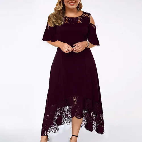 Vista 2 de Vestido largo de verano para mujer, con hombros descubiertos, con costuras de encaje, volantes, manga corta, talla grande, vestido largo