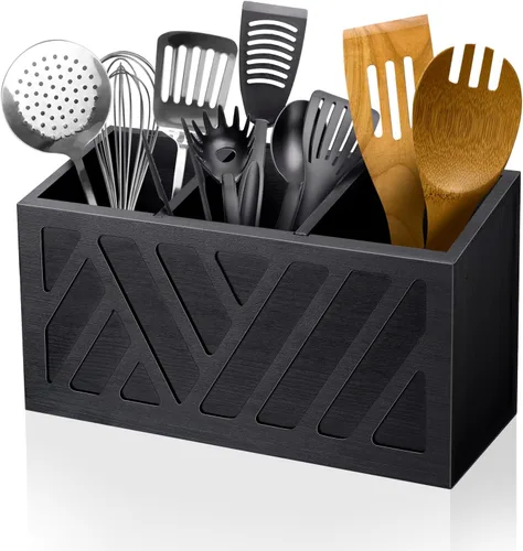 Vista 9 de MINCORD Soporte para utensilios de cocina con 3 compartimentos, caja organizadora de almacenamiento de madera rústica, caja organizadora
