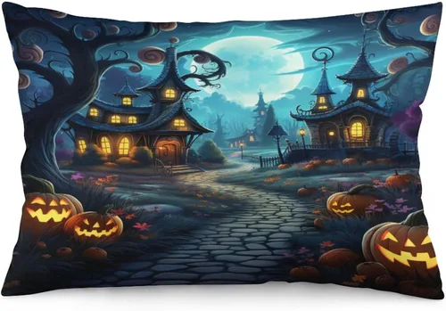 Vista 11 de Fundas de almohada frescas de casa embrujada, castillo, luna, bosque medieval, calabaza, fundas de almohada rectangulares con cremallera invisible