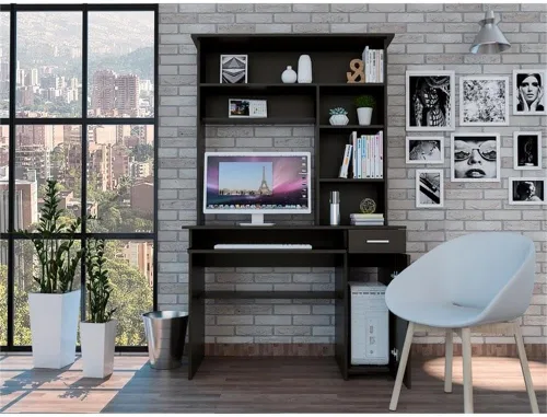 Vista 4 de Tuhome Compu 180 Hutch Escritorio de madera de ingeniería en negro