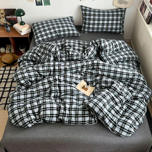 Vista 64 de VM VOUGEMARKET - Juego de funda de edredón a cuadros de tamaño individual XL, ropa de cama de color verde, gris y naranja, algodón lavado, con 2