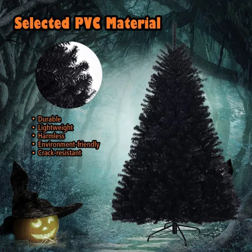 Vista 4 de Goplus Árbol de Navidad negro sin luz de 6 pies, árbol de Halloween artificial con 1036 puntas de rama, soporte de metal, árbol completo de Navidad