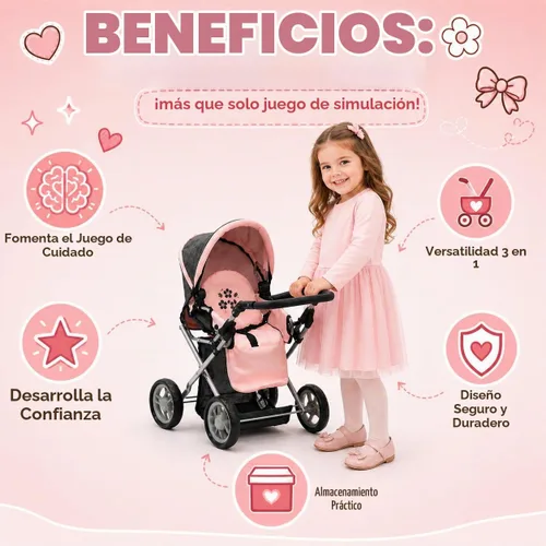 Vista 6 de Cochecito Convertible de Muñeca de Bebé con Portabebés de Viaje Extraíble para Niños, Mango Ajustable, Cochecito con Toldo y Cesta