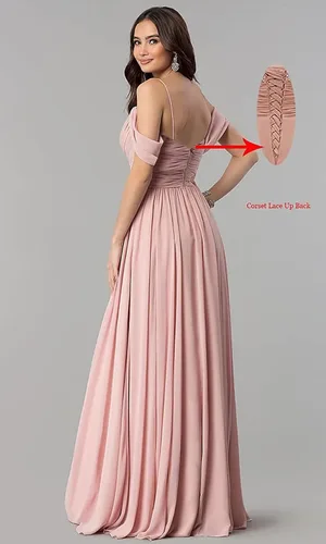 Vista 3 de MildApril Vestidos de dama de honor de gasa con hombros descubiertos, tirantes delgados, cuello en V, plisado, vestido de noche formal con abertura
