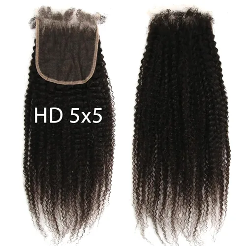 Vista 21 de Afro Kinky Curly 5x5 HD Cierre de encaje prearrancado con borde rizado de bebé 4B 4C, cierre de encaje HD de cabello humano transparente